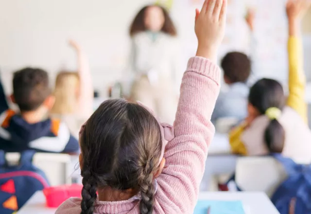 student with raised hand